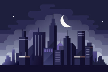 Minimal dark cityscape with simplified buildings and crescent moon at night skyscrapers