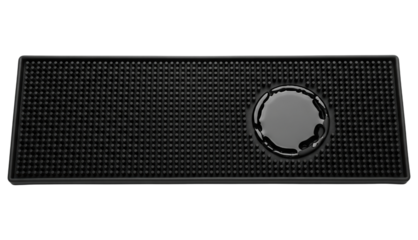 Black rubber bar mat with raised nubs for drainage and drinks on a transparent background