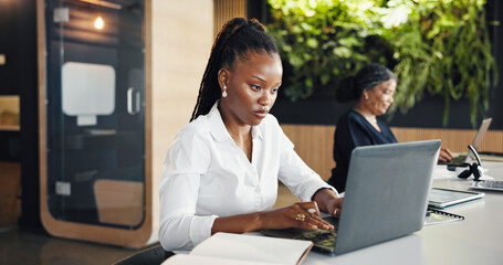 Fototapeta premium Business, laptop and research with designer woman in coworking office for development or planning. Computer, online review and typing with design employee at work for digital agenda or schedule