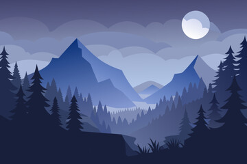 Minimal of a foggy night forest with blue mountains and a bright moon trees