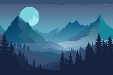 Minimal of a foggy night forest with a large moon and dark green pine trees mountains 1