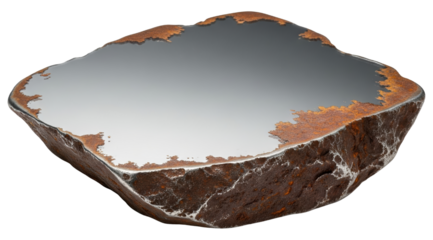 Rough stone slab with smooth polished silver liquid metal top surface on a transparent background