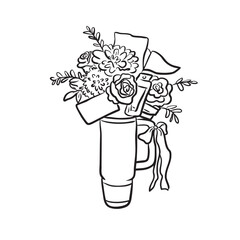 Hand drawn tumbler and flower. Sketch flowers in cup vector