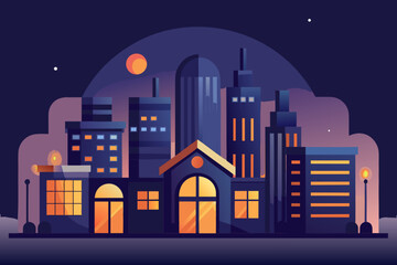 Minimal urban night skyline with rounded building and illuminated windows urban skyline night scene 1