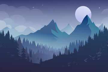 Minimal of a foggy night forest with mountains and a large moon 6