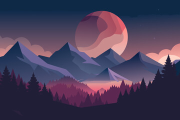 Minimalist Night Landscape with Pink Moon and Dark Forest mountains trees 2