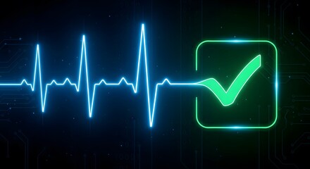 A futuristic blue glowing pulse line transitioning into a bright green check mark on a dark circuit board background