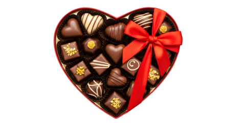 Assorted chocolates in heart shaped box with red ribbon isolated on transparent background