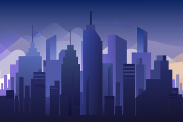 Soft dark city background showing distant skyscrapers with purple and blue gradient cityscape