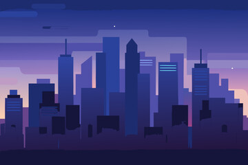 Soft dark city background with distant purple and blue skyscrapers at dusk cityscape