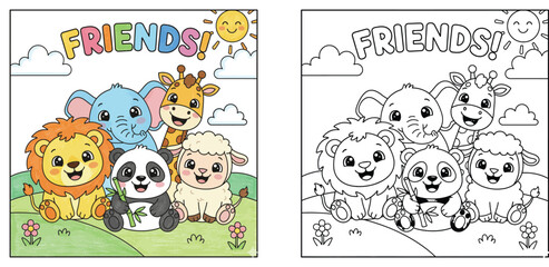 Fototapeta premium Cute Animals Friendship Coloring Book Page and Colored Version for Kids Featuring Lion Elephant Panda Giraffe and Sheep Vector Illustration for Educational Activity and Fun