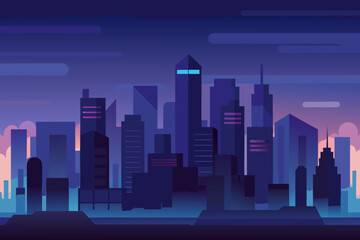 Soft dark city background with distant skyscrapers in blue and purple gradient cityscape buildings night