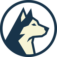 Stylized illustration of a husky dog's head in profile, set within a dark blue circle. © stockeverywhere