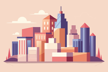 Ultra Minimal Cityscape with Abstract Block Style in Red Orange and Blue buildings