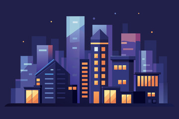 Ultra Minimal Night Cityscape with Abstract Block Buildings and Blue Orange Lights abstract buildings