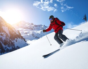 Skier in red jacket glides down snowy mountain on a sunny day, mountain range in the background, bright sunshine