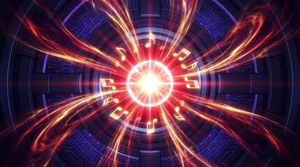 Vibrant Red Light Burst with Musical Notes and Abstract Energy Waves