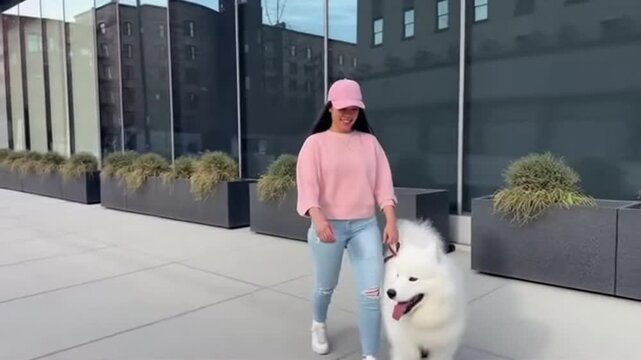 A Stylish Stroll: Young Woman Walking a Samoyed Dog in Urban Environment