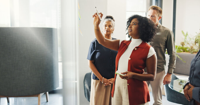 Business, people and meeting with notes on glass for training, planning session and story ideas. Woman, briefing and coaching with team, copywriting schedule and editor feedback for news publication