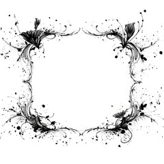Intricate floral frame black white art isolated on transparent background