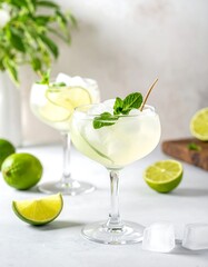Fototapeta premium Refreshing lime drinks with ice and mint garnish, on a white surface with limes and plant leaves as decor