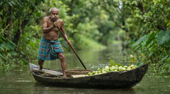 Traditional Water Harvest: Indian Farmer in a Wooden Canoe Transporting Freshly Harvested Green Guavas through a Lush Tropical Canal, Rural Agriculture and Backwater Life Concept.