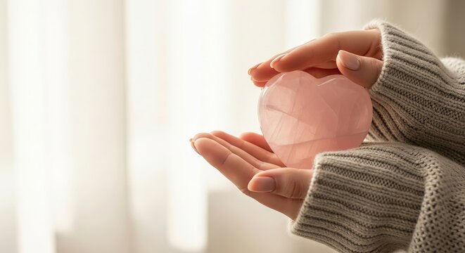 Gentle hands holding a pink rose quartz heart, symbolizing self care, compassion, and well-being concept for emotional health.