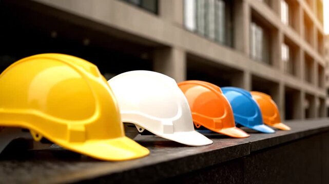 Construction Helmets Lined Up.