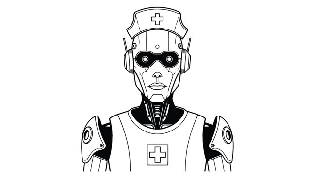 Nurse robot portrait wearing clinical cap and headset symbolizing healthcare ai staffing, credentialing and patient-safety protocols vector illustration