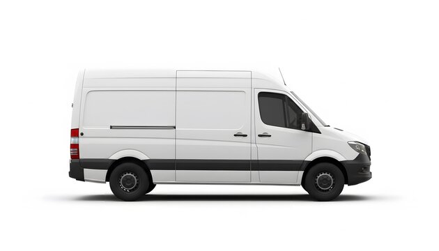 A modern white cargo van shown in a full side profile view, isolated on a pure white background. The van has a long wheelbase, sliding side door, black front bumper, black side trim, 