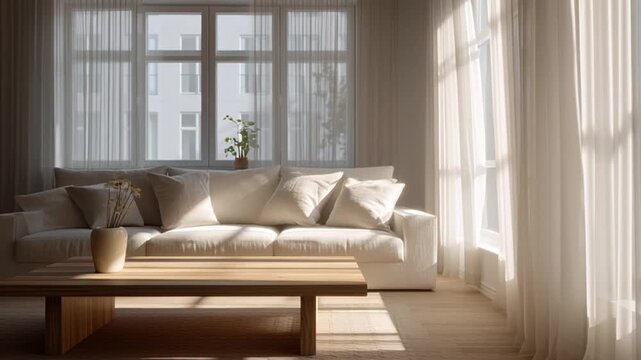 Modern living room interior with white sofa and wooden coffee table