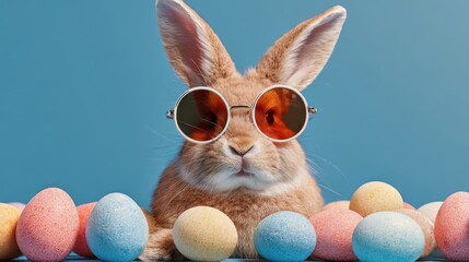 Easter bunny wearing stylish sunglasses surrounded by colorful easter eggs on a bright blue background for spring holiday celebration