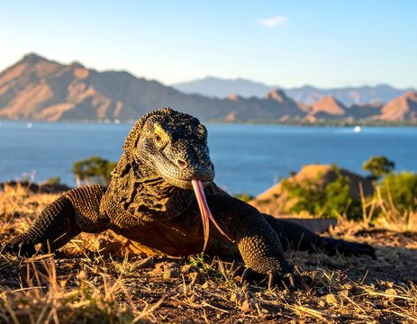 Komodo Dragon Sticking Out Tongue in Komodo National Park.