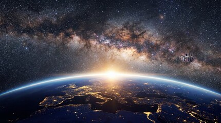 Earth from Space with Milky Way Galaxy in Dramatic Cosmic Lighting on Curved Planet Surface for Space Exploration