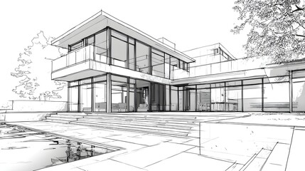 Detailed architectural sketch rendering of a luxurious modern home design featuring extensive glass walls and an expansive outdoor patio area beside a water reflection pool