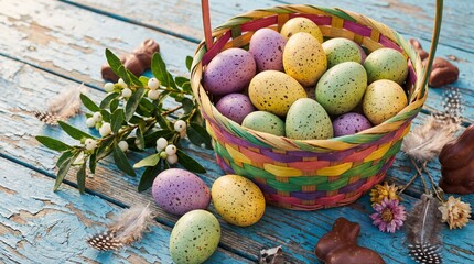 Colorful Easter Eggs in Woven Basket with Spring Flowers on Rustic Blue Wooden Background in Soft Natural Lighting for Seasonal Greeting Cards