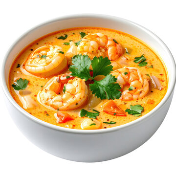 Authentic chupe de camarones a flavorful peruvian shrimp chowder in a creamy broth isolated on white background for a culinary shot