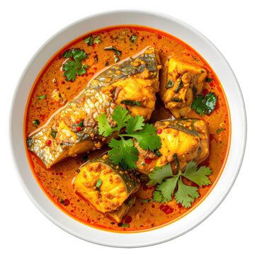 Savory bangladeshi pabda fish curry, featuring tender catfish steaks in a flavorful broth, isolated on a white background