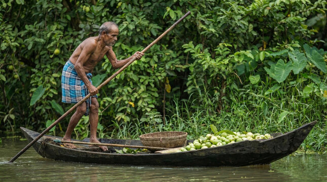 Traditional Water Harvest: Indian Farmer in a Wooden Canoe Transporting Freshly Harvested Green Guavas through a Lush Tropical Canal, Rural Agriculture and Backwater Life Concept.