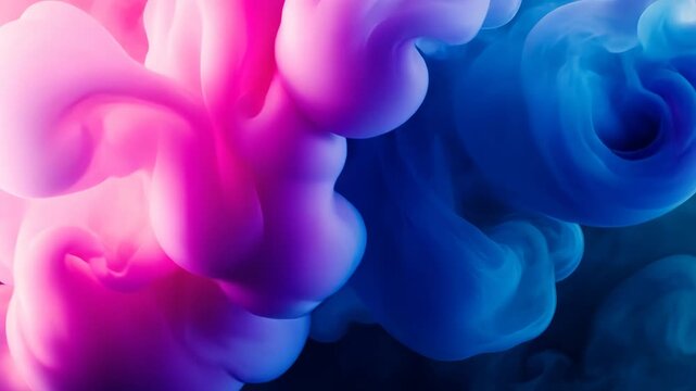 Vibrant swirling clouds of pink and blue ink creating ethereal abstract smoke patterns