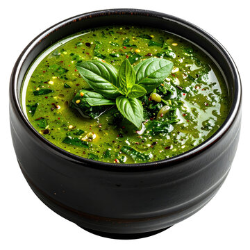 A bright and herbaceous chupe verde soup a staple of peruvian cuisine served in a traditional bowl and cleanly isolated on a white background