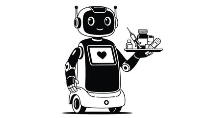 Fototapeta premium Mobile service robot carrying medical tray delivering supplies to clinic settings representing automated healthcare delivery, contactless logistics and operational efficiency vector illustration