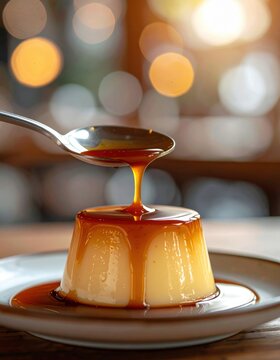 A luscious dessert of caramel flan drizzled with syrup, presented elegantly on a plate with blurred lights in the background.