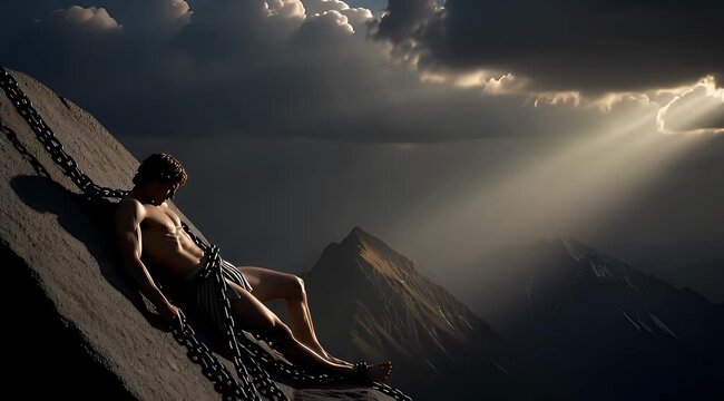 Tormented Prometheus Chained to Rock Witnessing Eagle's Flight, Mythology Symbolism