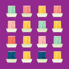 Bathroom interior bathtub with curtain colorful flat style vector collection