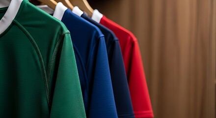 Diverse national team jerseys hanging neatly, symbolizing readiness and unity for a Six Nations Cup rugby tournament concept