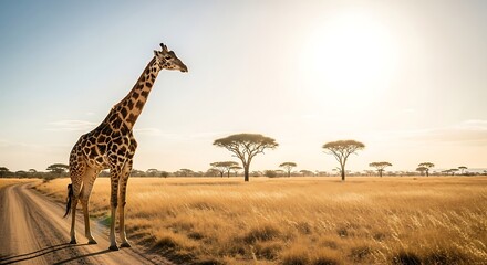 A giraffe standing on the side of a dirt road in a savannah with acacia trees and a bright sun shining in the background landscape