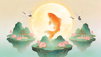 Fototapeta premium Surreal floating islands with koi fish and cranes in Chinese style