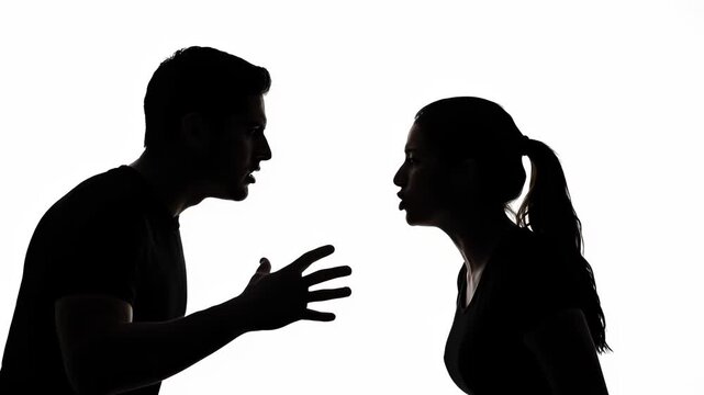 Silhouette couple arguing. Man woman shouting white background. Relationship conflict domestic dispute concept. Aggressive gestures screaming people. Communication breakdown crisis