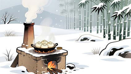 Steaming buns on a rural stove amidst a snowy landscape